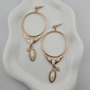 Rose Gold Hoop Earrings w Simulated Opal Drop | Boho Celestial Dangle
